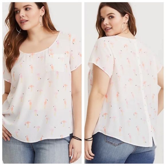TORRID ABBEY white Flamingo Georgette Button Back Short Sleeve Blouse size 0 - Picture 1 of 7